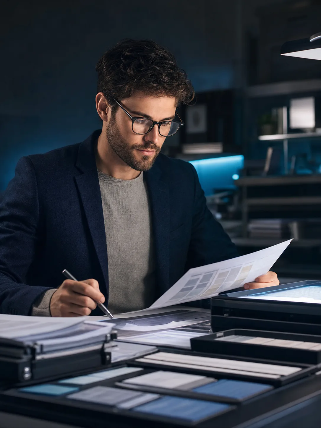 Nolan Reed, the Documents & Data lead, organizing source material.