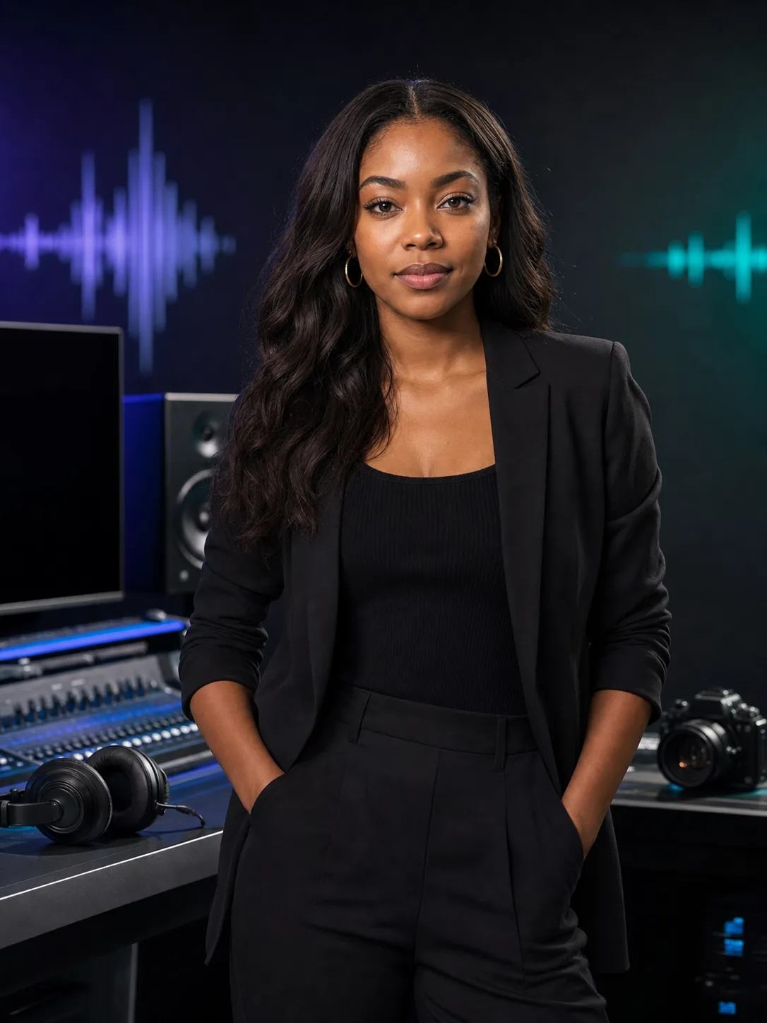 Imani Cross, the Voice & Audio lead, in a dark media workspace.