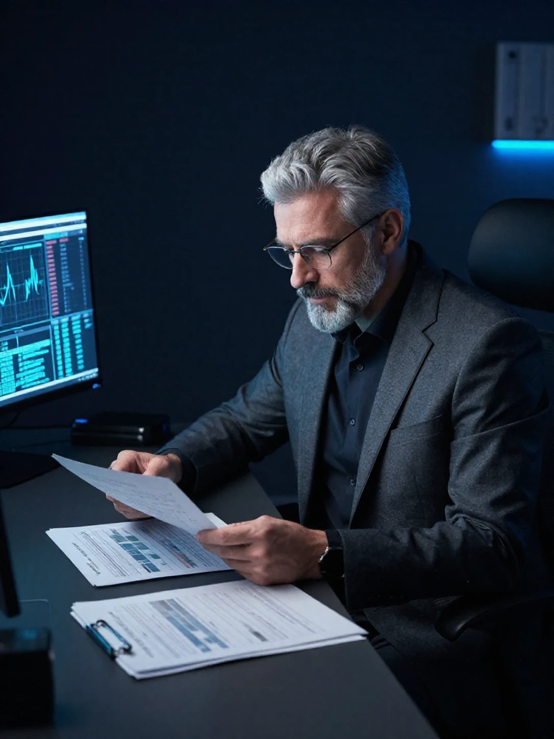 Victor Lane, the Research and evidence lead, reviewing sources in a quiet workspace.